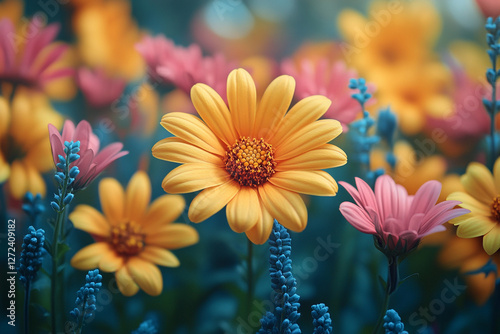 Vibrant floral tapestry with yellow daisies and delicate pink blooms