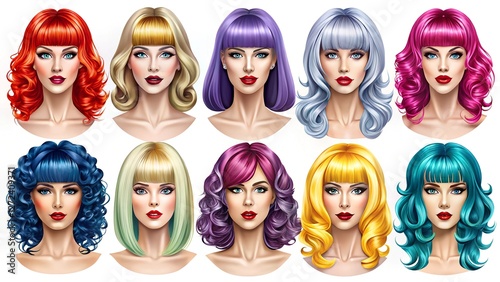 collection of colored women's wigs for beauty salon and hairdressers