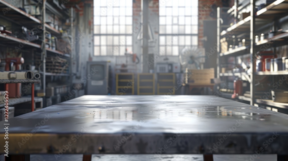 Clean metal table, matte steel surface, fully visible and centered, direct perspective. Clean metal table, matte steel surface, fully visible and centered, direct perspective.