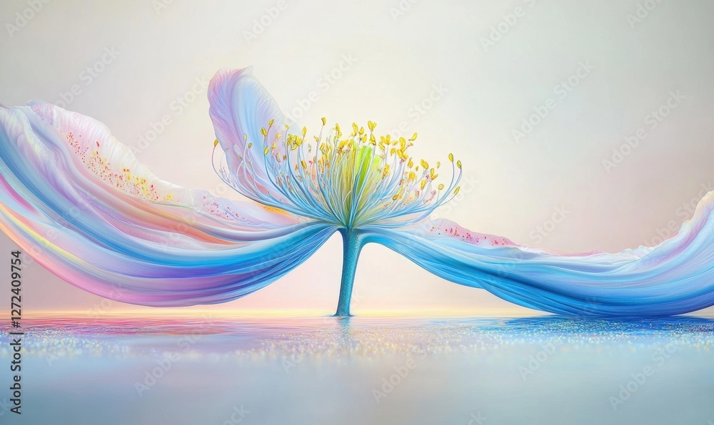 Obraz premium A delicate, ethereal flower with flowing petals and vibrant colors reflecting on a serene surface