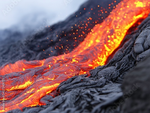 Wallpaper Mural Lava flow erupts from volcano, molten rock, igneous nature, fiery background, geological formation Torontodigital.ca