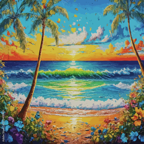 summer dream tropical island sunset surreal image illustration saturated color vector blue sky green yellow orange palm trees