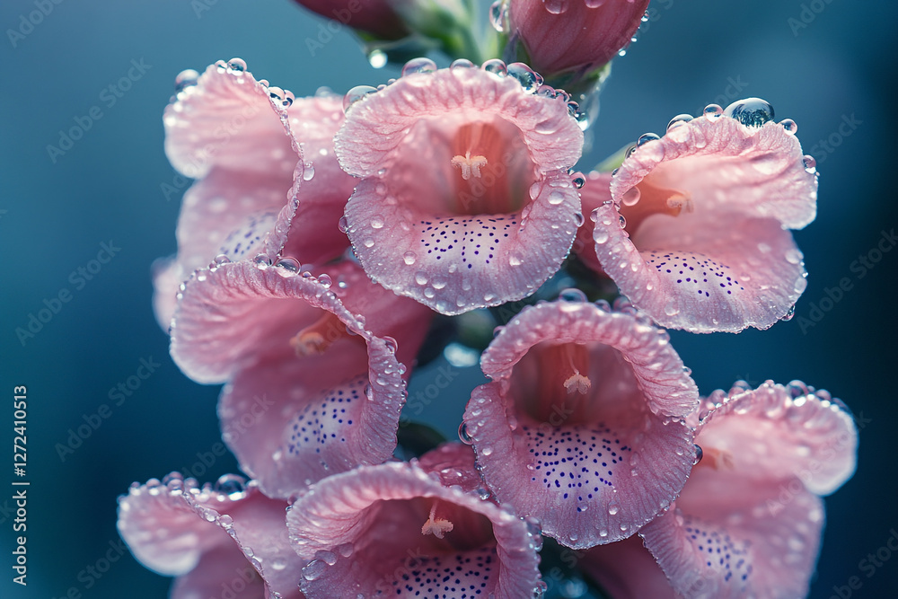 Jeweled Bells, A close-up of pink foxgloves adorned with water droplets Jeweled Bells, A close-up of pink foxgloves adorned with water droplets
