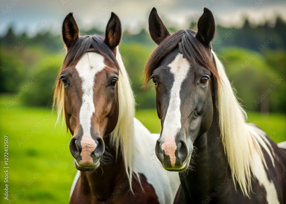 Obraz premium Majestic Black and White Horses Gaze Intensely at Camera - Stunning Equestrian Stock Photo