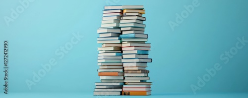Conceptual image of a colossal towering exclamation mark structure constructed entirely from stacked books and literature representing the vast accumulated knowledge learning and education
