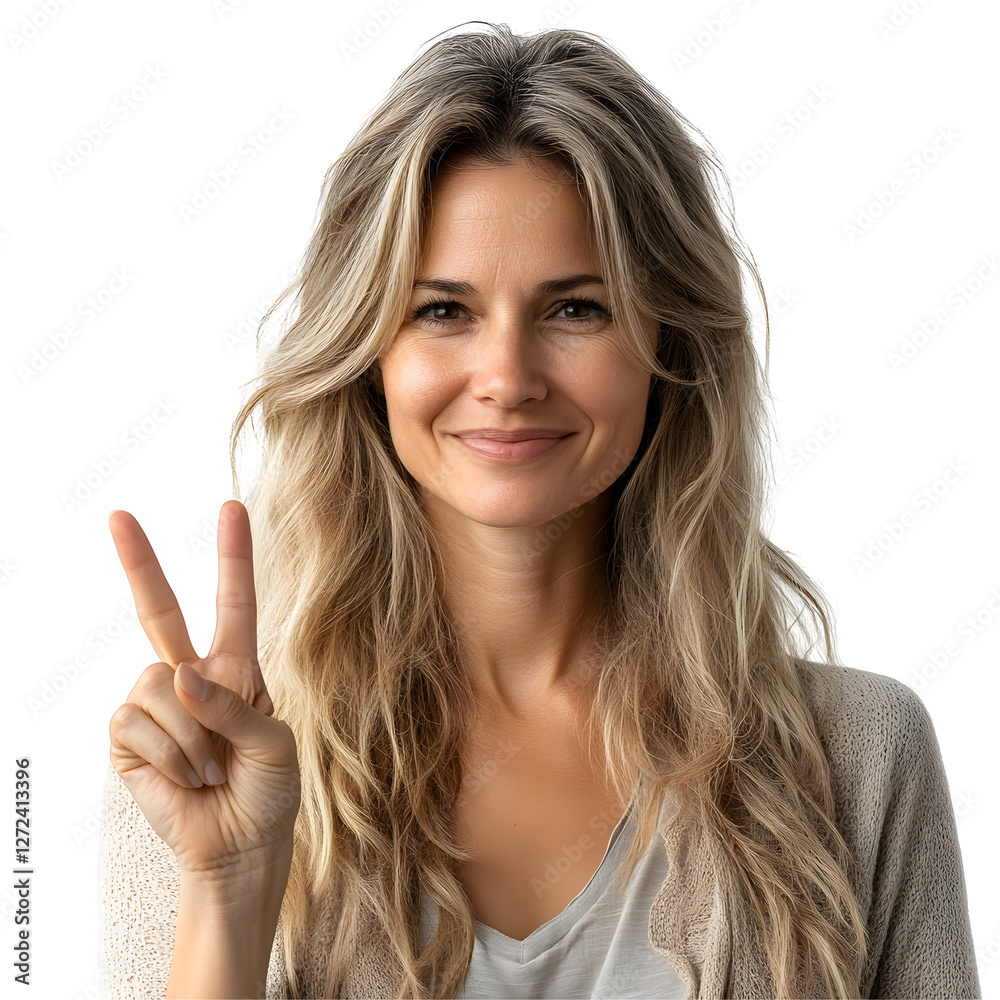 Woman Smiling With Long Hair Making Peace Sign In Bright Room With White Backgrounds And Casual Woman Smiling With Long Hair Making Peace Sign In Bright Room With White Backgrounds And Casual