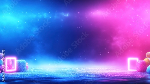 Neon lights shine in an empty studio for advertising. Bright stage for product