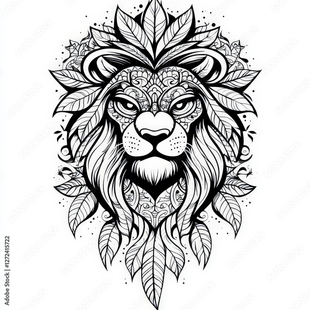 Obraz premium Ornamented lion head artwork with leaves for coloring book and creative graphic use