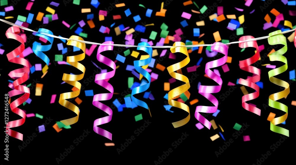 Obraz premium Party decorations, confetti, ribbons falling down, black background for celebration
