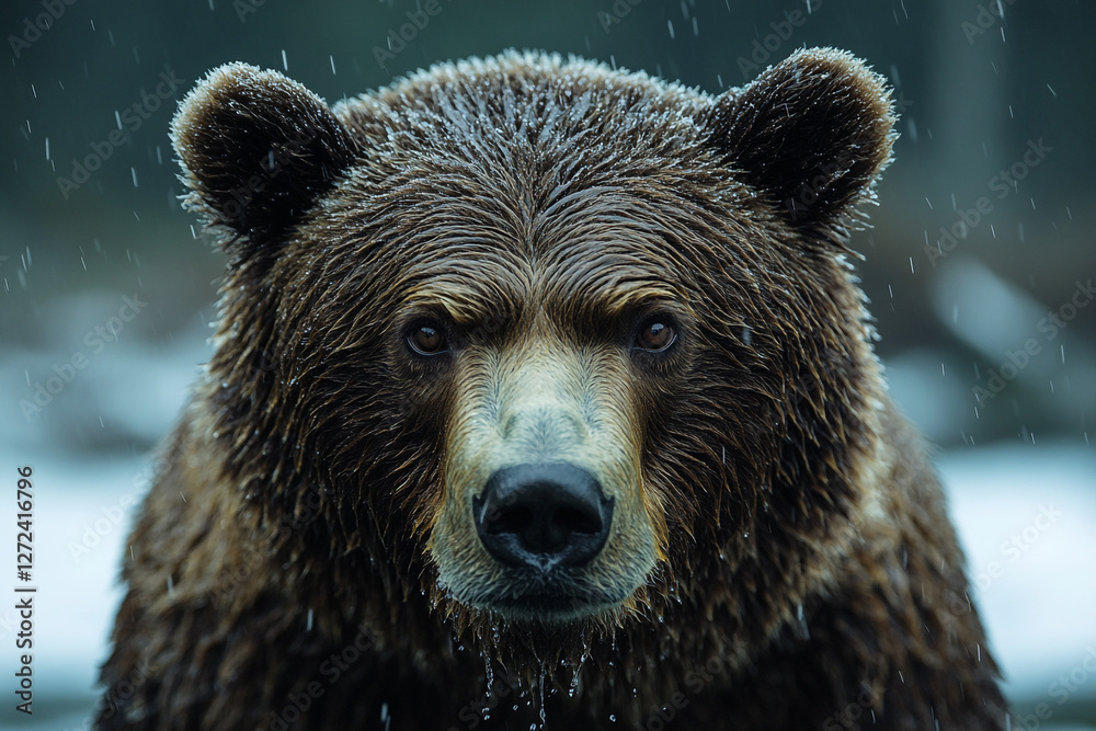 Obraz premium Grizzly's Resilience, A Captivating Portrait Amidst a Rainy Wilderness