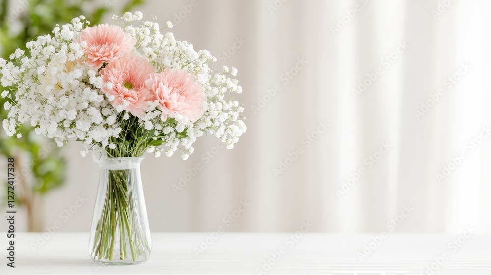Obraz premium Delicate Pink Flowers in Vase on White Table