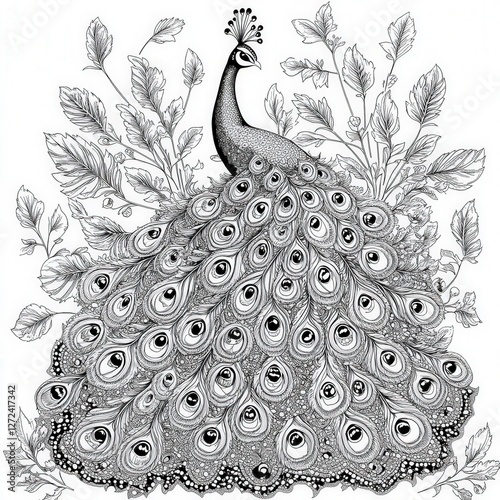 Peacock in foliage, an illustration, on a white background, for coloring book pages or patterns
