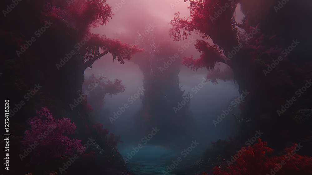 Fototapeta premium Ethereal Gloom Enshrouded Red Forest with Mystical Flora Amidst the Fog and Tranquil Waterscape.