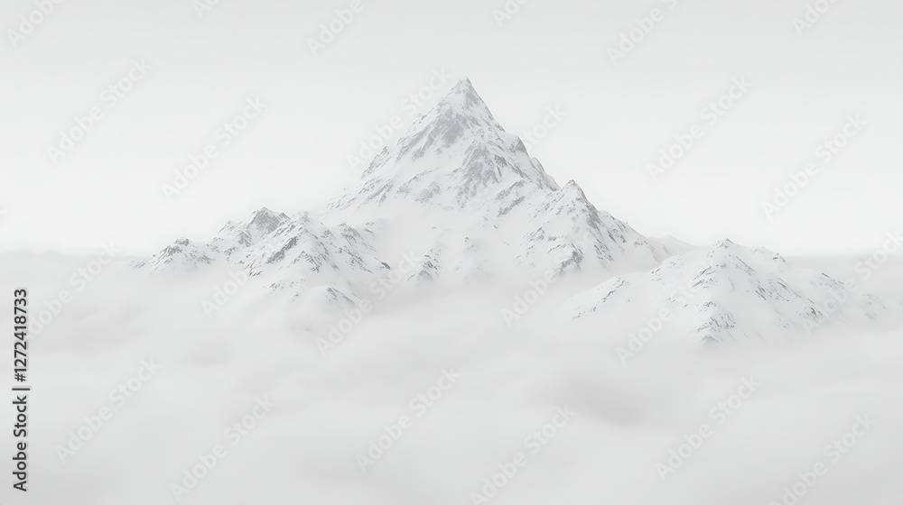 Obraz premium Ethereal Mountain Peak Rising Above Clouds Serene Summit Snow Capped Wilderness Tranquil Landscape.