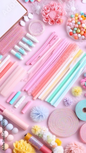 Pink crafting supplies on pink backdrop, overhead shot. Arts and crafts for kids, stationery concept