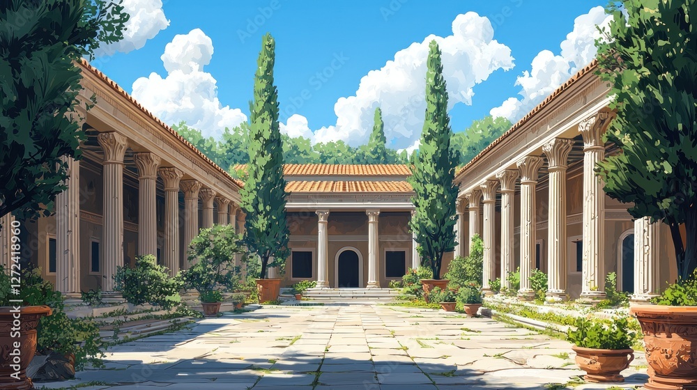 Obraz premium A sunlit classical courtyard with columns and potted plants