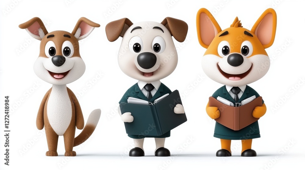 Fototapeta premium Cheerful and Friendly Cartoon Animal Characters Depicted as a Diverse Team of Medical Professionals in Uniform Reading Books and Studying Together in a Professional Setting