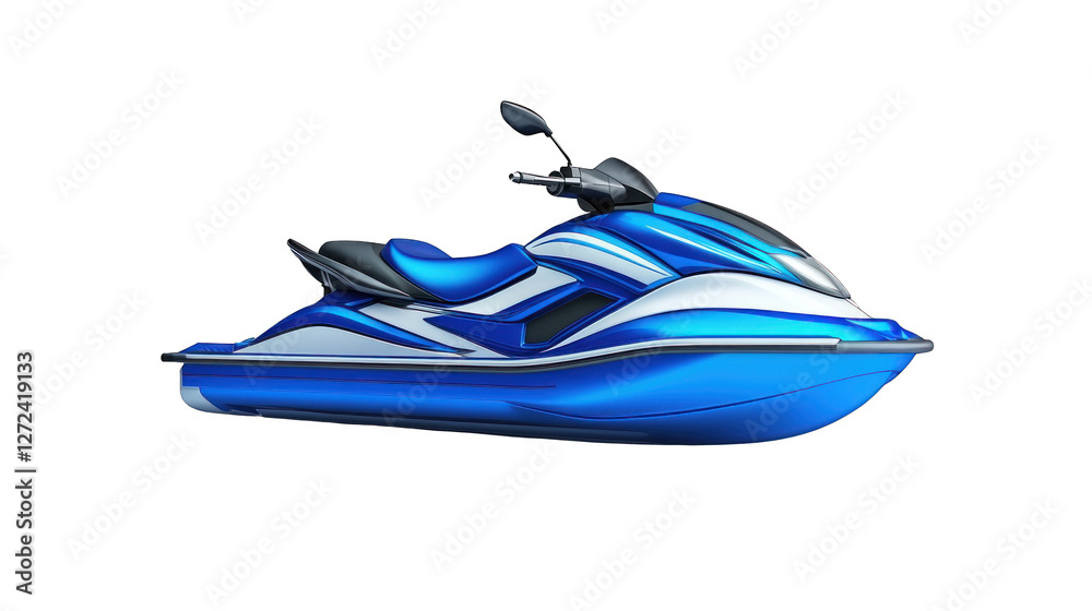 A blue and white jet ski is parked on a white background