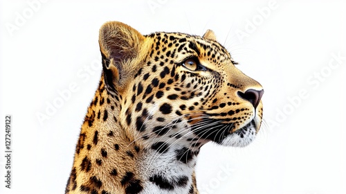 Leopard profile, alert gaze, white background, wildlife