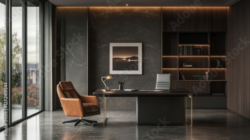 Modern luxury office interior with large window, leather chair, desk, and built-in shelves.