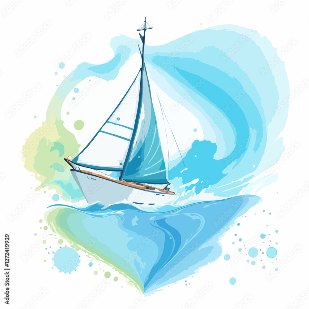Fototapeta premium sailing boat on the sea abstract nautical watercolor artwork design blue sky