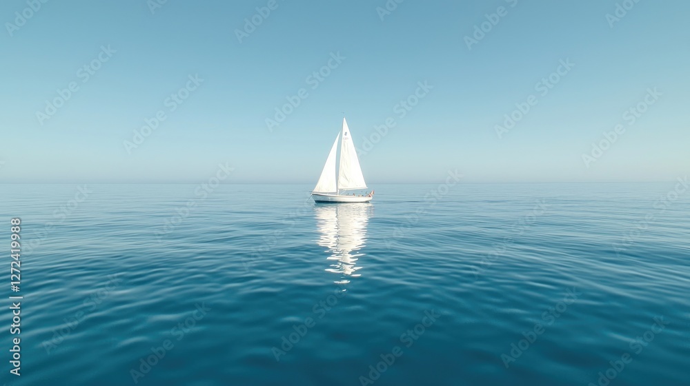 Fototapeta premium Solitary sailboat on calm ocean, clear sky. Peaceful travel scene