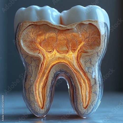 Detailed Cross Section of Human Tooth Anatomy with Pulp and Root Structure