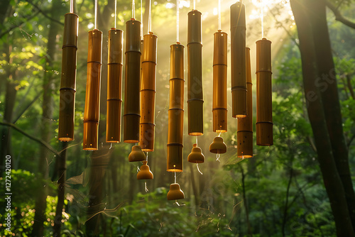 relaxing nature retreat, softly chiming bamboo wind chimes, filtered sunlight through trees, and a gentle scarf invite you to savor earth day evening
