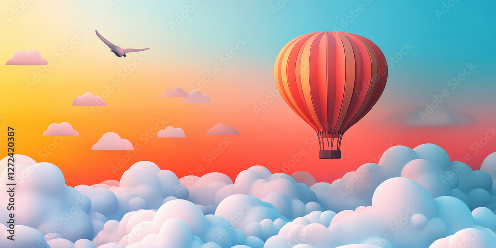 Naklejka premium Hot air balloon adventure over colorful clouds at sunset aerial view travel photography serene environment