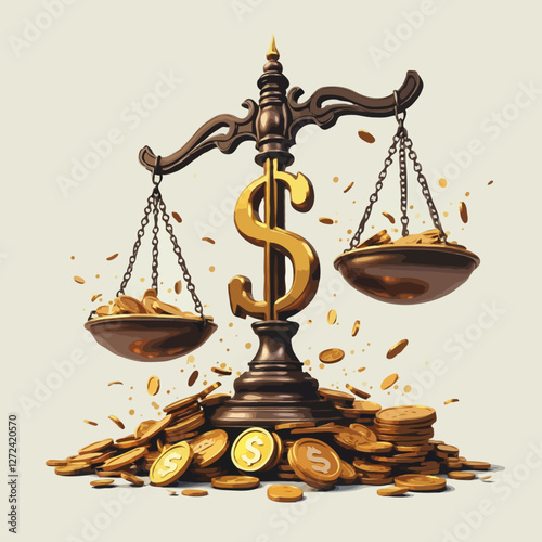 scales of justice and money gold coins dollar symbol vector image illustration economic balance stability concept