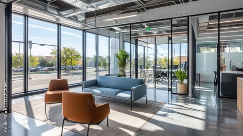 Modern office lobby with comfortable seating, large windows, and natural light.