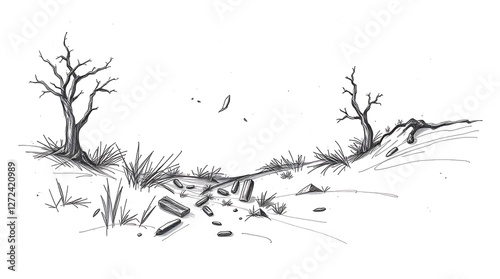 Bleak Landscape Drawing: Bare Trees, Scattered Debris