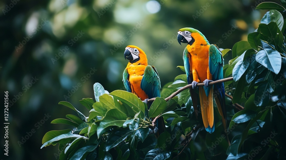 Two vibrant macaw parrots perched on lush green branches, showcasing their brilliant colors against a blurred natural backdrop, symbolizing wildlife beauty.