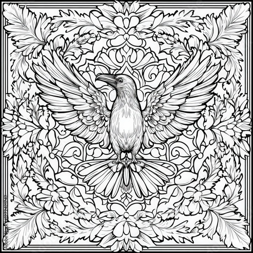 Wallpaper Mural Raven flies, wings spread. Decorative foliage background. Graphic for prints, coloring, posters Torontodigital.ca