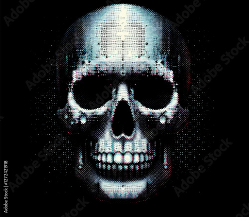 Digital skull illustration features pixelated, glitch-style effects on a dark background. It uses colorful gradients, evoking a cyberpunk feel and symbolizing hacking and digital infiltration.