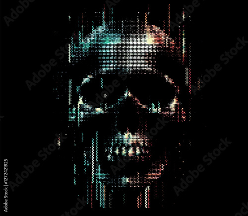 Digital skull illustration features pixelated, glitch-style effects on a dark background. It uses colorful gradients, evoking a cyberpunk feel and symbolizing hacking and digital infiltration.