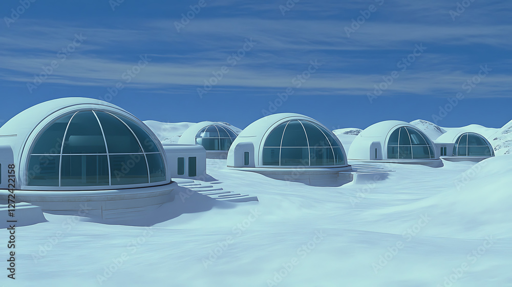 Obraz premium Futuristic Antarctic Research Station Domes Covered with Snow under a Clear Bright Blue Sky.