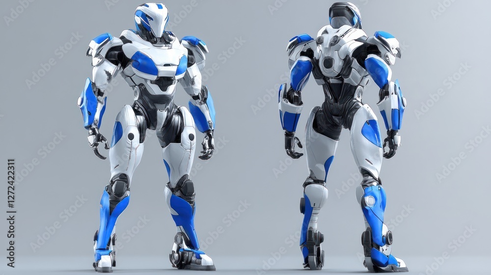 Futuristic white and blue robot, front and back view, isolated on grey background. Futuristic white and blue robot, front and back view, isolated on grey background.
