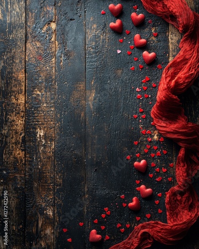 Red hearts on rustic wood with fabric and red sprinkles for Valentine's Day blog or greeting