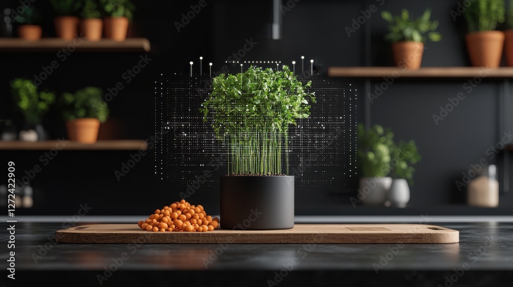 Cutting edge holographic nutrition analysis and display system featuring a levitating plant exhibit on a contemporary kitchen countertop This futuristic Cutting edge holographic nutrition analysis and display system featuring a levitating plant exhibit on a contemporary kitchen countertop This futuristic