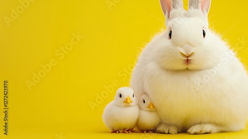 Wallpaper Mural Cute White Rabbit with Baby Chicks on Bright Yellow Background Torontodigital.ca