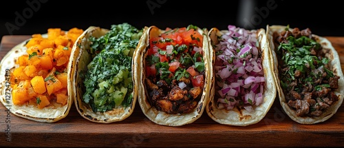 Assorted colorful tacos on wooden board, vibrant toppings, overhead view, bright light photo