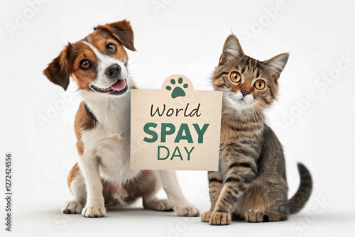 Dog and Cat with World Spay and Neuter Awareness Month sign