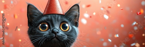 Cartoon cat with party hat, pink background, big eyes, cute and festive photo