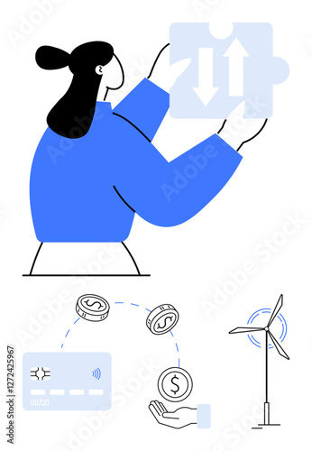 Woman holding puzzle piece with arrows, interconnected financial transaction icons, payment card, and wind turbine. Ideal for business strategy, finance, renewable energy, payments, technology