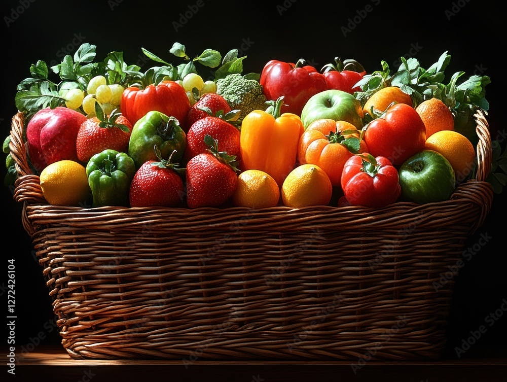 Grocery Basket Filled with Fresh Fruits and Vegetables on Receipt Grocery Basket Filled with Fresh Fruits and Vegetables on Receipt
