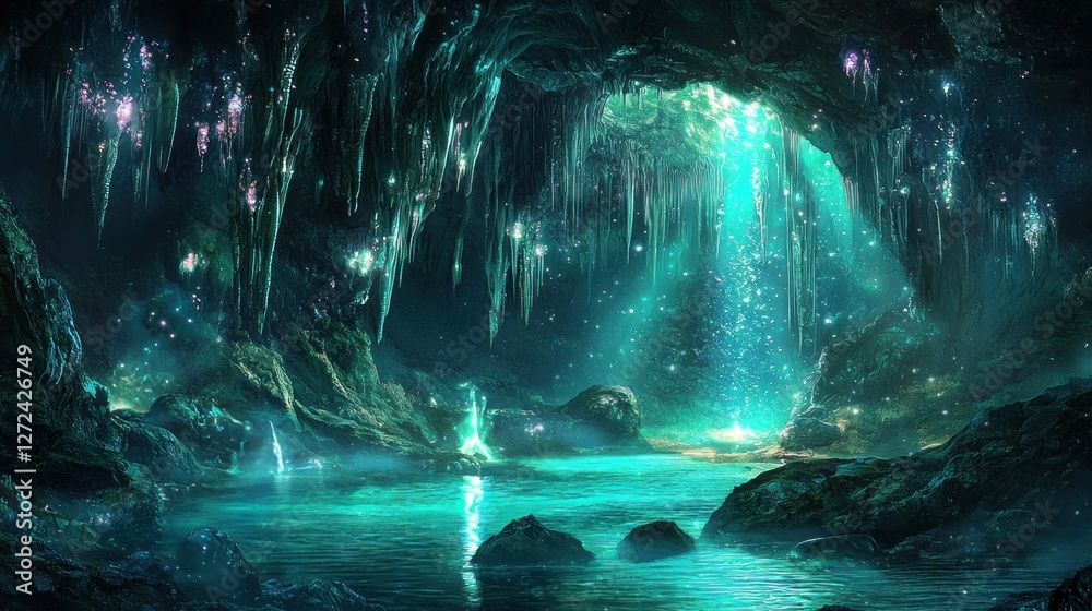 Fototapeta premium Enchanting underwater cave with glowing crystals and magical light.