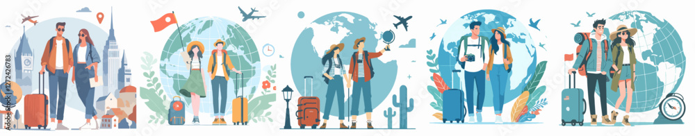 A couple traveling the world, feeling adventurous. Style flat design, simple, minimalist, background white. Standing fullbody. A couple traveling the world, feeling adventurous. Style flat design, simple, minimalist, background white. Standing fullbody.