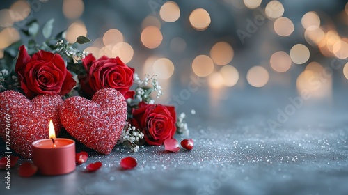 Romantic roses, hearts, candle for love, or valentine celebration with blurred bokeh lights backdrop