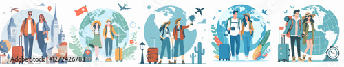 A couple traveling the world, feeling adventurous. Style flat design, simple, minimalist, background white. Standing fullbody.